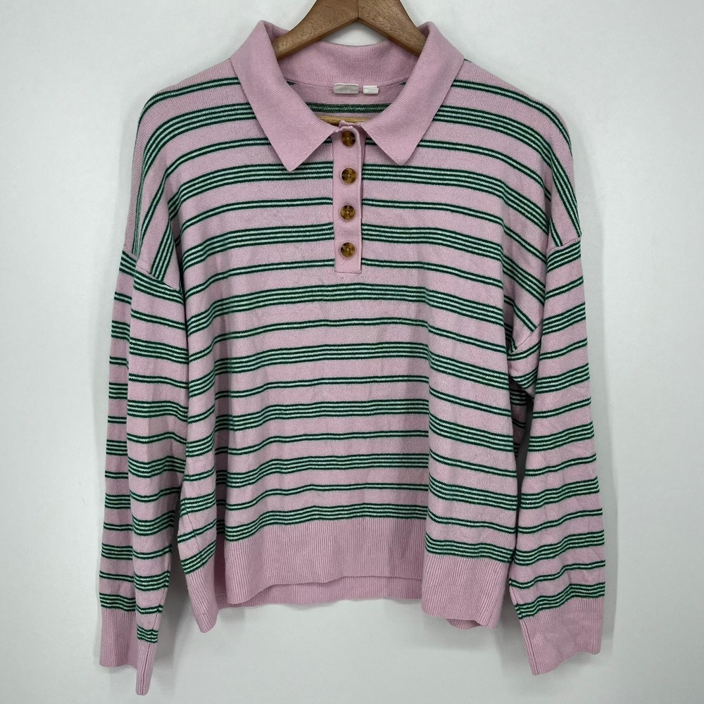 GAP Cashsoft Polo Sweater Womens Large Pink Green Striped Long Sleeve